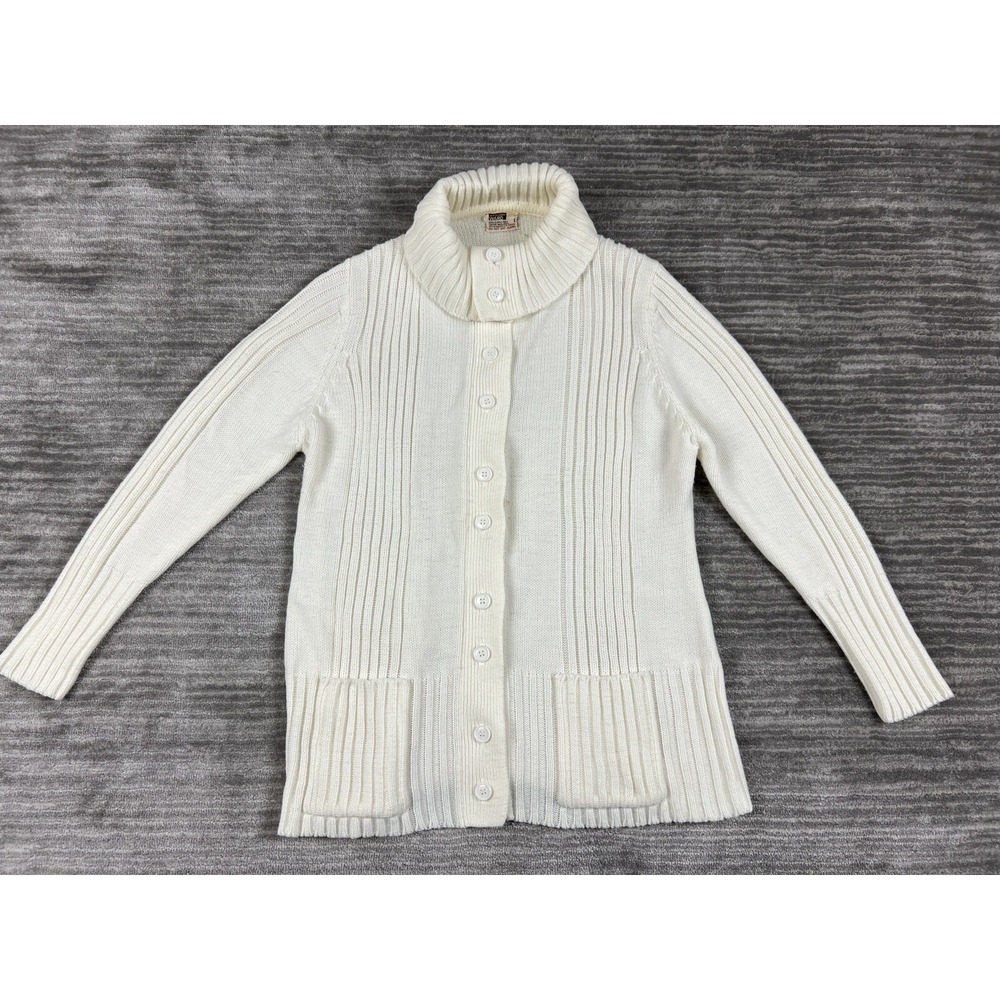 Montgomery Ward‎ Cardigan Womens L Cream Vintage Ribbed Turtleneck Button Front
